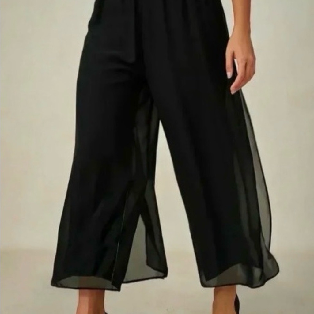 Cropped Length Straight Leg Pant With Chiffon Split Leg Overlay Black